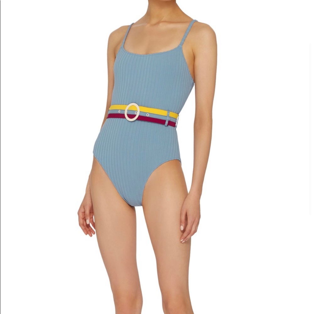 Solid and Striped belted one piece swimsuit